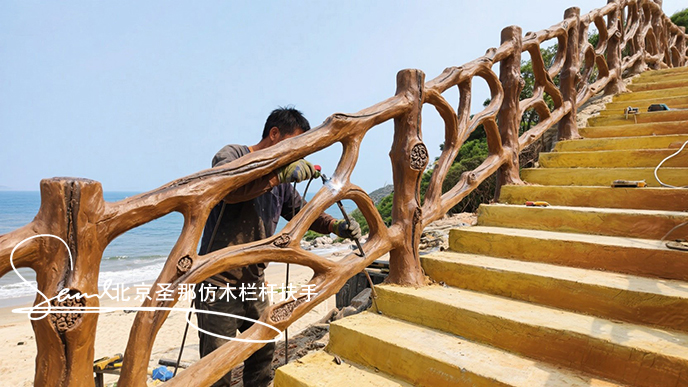 jimeng-2025-06-25-7615-正在施工制作的旅游區(qū)樓梯室外安全圍欄設(shè)計制作過程，美工正在施工制作，先用鋼筋焊接....jpeg